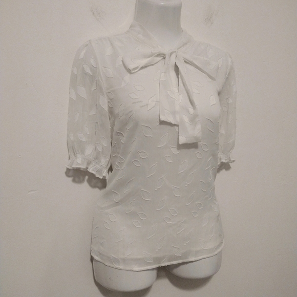 Calvin Klein - Neck Tie Puff Sleeves Sheer Blouse - Picture 6 of 16